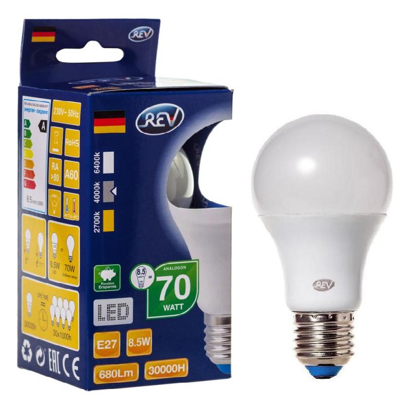 Лампа светодиодная LED A60 E27 8.5Вт 700Лм 4000К холодный свет REV 32380 8