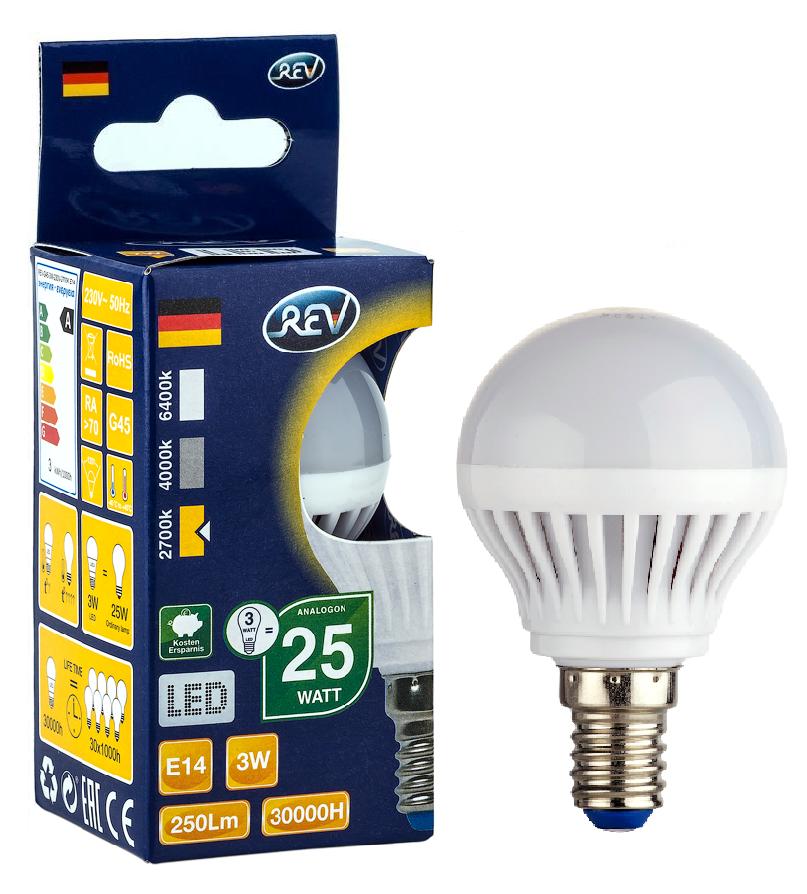 Лампа светодиодная LED G45 E14 3Вт 250Лм 2700К теплый свет REV 32338 9